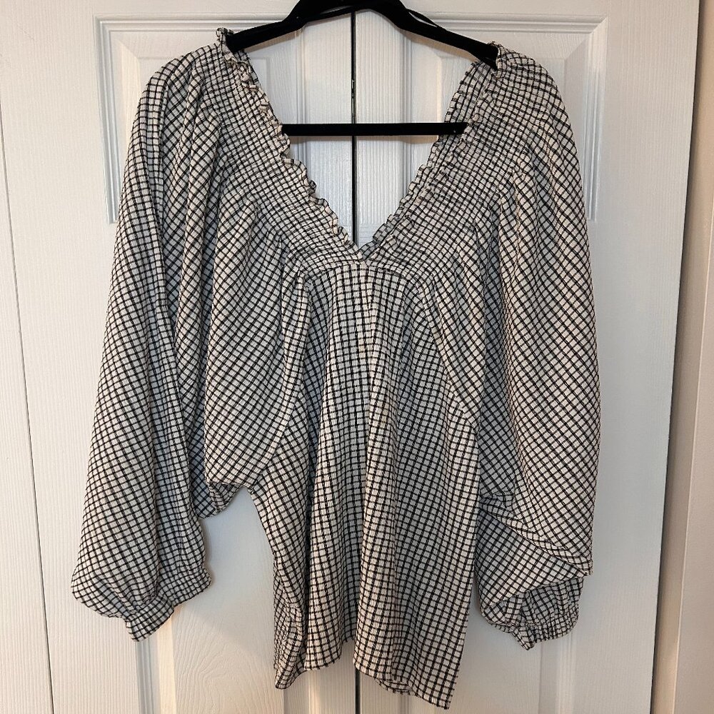 Zara Basic Plaid Puff Sleeve Blouse